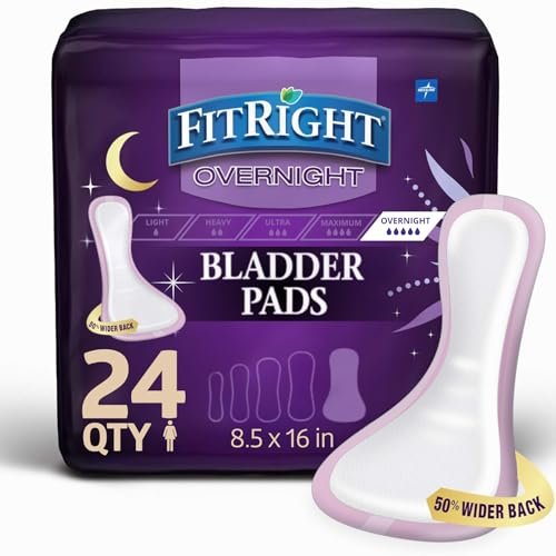 Medline FitRight Overnight Bladder Control Pads, Maximale Saugfähigkeit, Nachtschutz bei Inkontinenz, 8,5 x 16 Zoll, 24 Stück pro Beutel