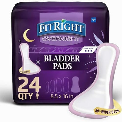 Medline FitRight Overnight Bladder Control Pads, Maximale Saugfähigkeit, Nachtschutz bei Inkontinenz, 8,5 x 16 Zoll, 24 Stück pro Beutel