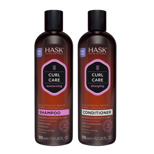 HASK Curl Care Shampoo & Conditioner Set mit Kokos- und Arganöl | Für lockiges Haar, sulfatfrei, parabenfrei, glutenfrei, vegan, tierversuchsfrei, farbsicher | 2x 355 ml