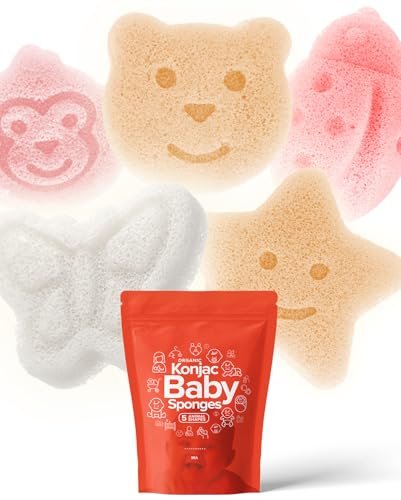Konjac Baby Schwamm fürs Baden | Natürliche, lustige Formen | Kinder Badeschwämme für Kleinkinder | Baby Badezeit | Sicher, organisch, pflanzlich | 5er Set: Bär, Affe, Schmetterling, Marienkäfer, Stern