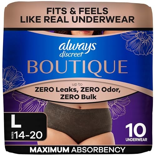 Always Discreet Boutique Inkontinenz- und Wochenbettunterwäsche für Frauen, Maximaler Schutz, Größe L, Schwarz, 10 Stück