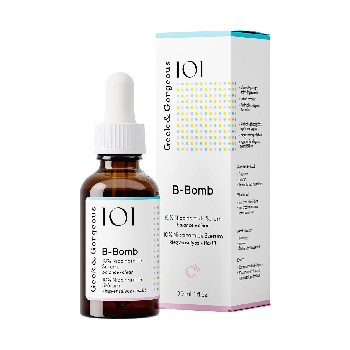 Geek & Gorgeous B-Bomb - 10% Niacinamid Serum mit Zink PCA & Sarcosin - für vergrößerte Poren, Fettglanz und Unreinheiten - Mischhaut - 30 ml