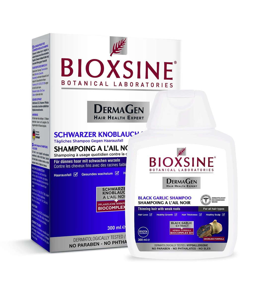 Bioxsine Kräuter-Shampoo mit Schwarzem Knoblauch für Haarwachstum und gesundes Haar – Geruchslos, für alle Haartypen, geeignet für Frauen und Männer, 300 ml