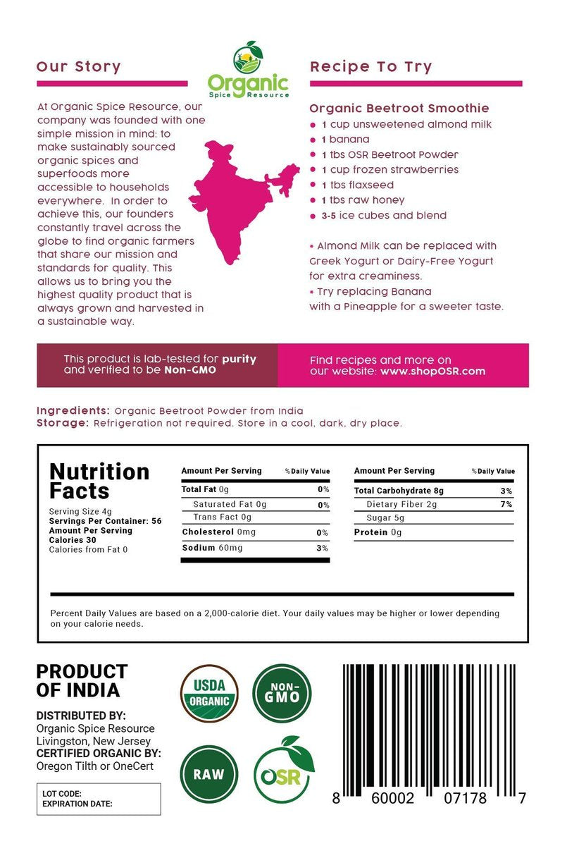 Bio Rote Bete Pulver | 226 g | USDA Bio, Roh & Non-GMO | Stickstoffmonoxid-Booster für Ausdauer & Durchblutung | Vegan | 100% Roh aus Indien