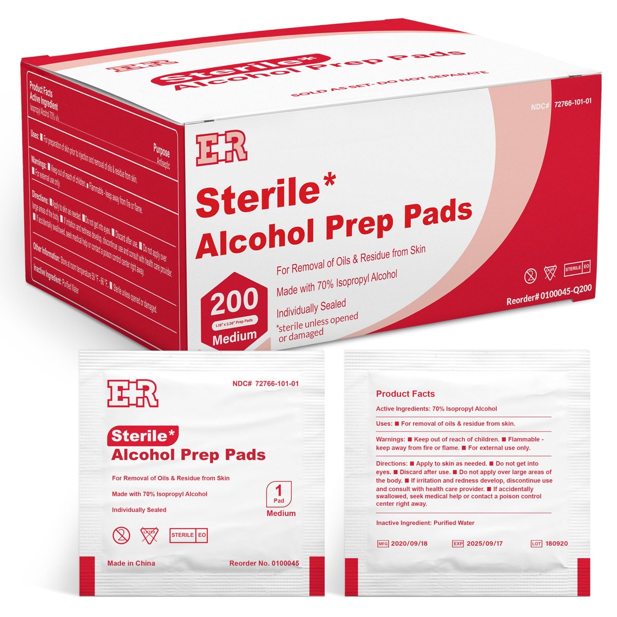 Ever Ready First Aid Alkoholtupfer, mittelgroß 2-lagig, einzeln verpackt, getränkt mit 70% Isopropylalkohol - 200 Stück