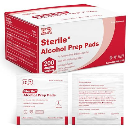Ever Ready First Aid Alkoholtupfer, mittelgroß 2-lagig, einzeln verpackt, getränkt mit 70% Isopropylalkohol - 200 Stück