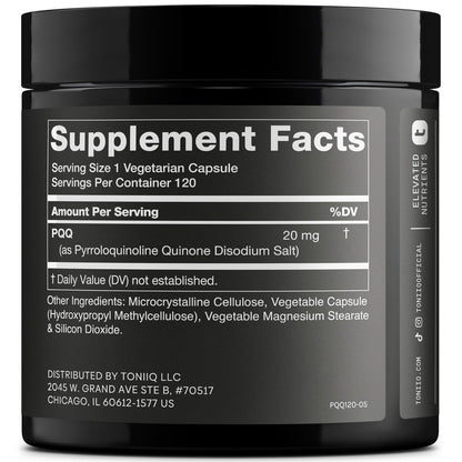 Toniiq 99%+ 20mg PQQ Supplement – Hochreines PQQ 20 mg konzentrierte Formel – 120 Kapseln – Pyrrolochinolinchinon – 1 Kapsel pro Portion – Vegetarische Kapseln