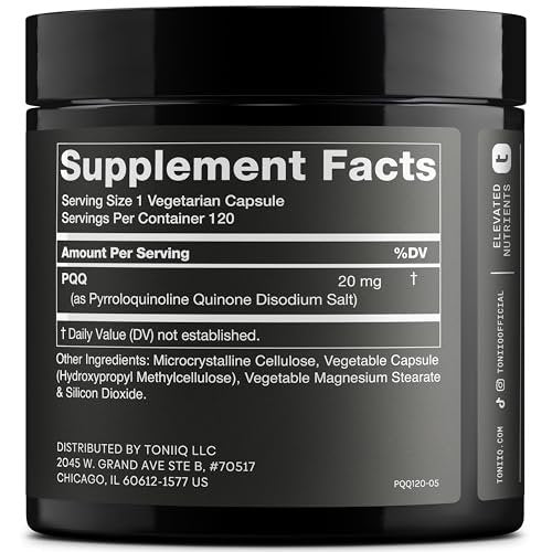 Toniiq 99%+ 20mg PQQ Supplement – Hochreines PQQ 20 mg konzentrierte Formel – 120 Kapseln – Pyrrolochinolinchinon – 1 Kapsel pro Portion – Vegetarische Kapseln