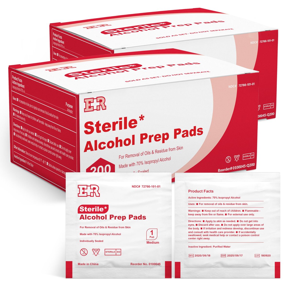 Ever Ready First Aid Alkoholtupfer, mittelgroß, 2-lagig, einzeln verpackt, mit 70% Isopropylalkohol getränkt - 400 Stück