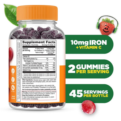 Eisenpräparate für Kinder | 10 mg | mit Vitamin C | Lecker schmeckende Eisen-Gummis für Kinder | Vegan, Nicht-GVO | Für Immunsystem und Eisenmangel | 90 Gummis | Lifeable