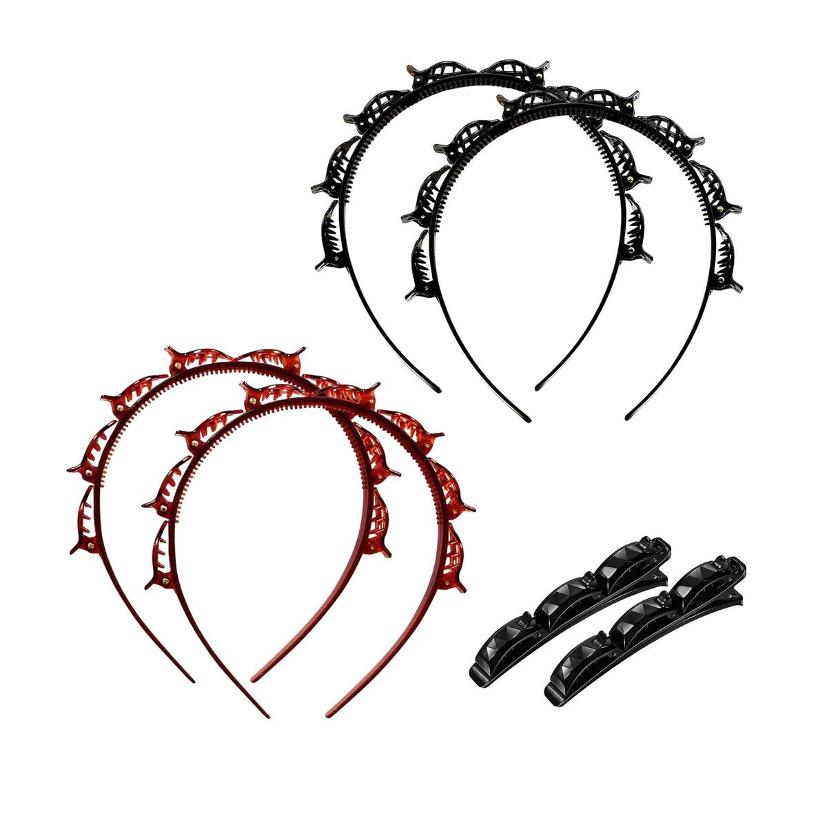 SHUNMEILO 6 Stück Doppelter Pony Haarspange mit Clips Geflochtene große Haaraccessoires für Haar Haarnadel Band Hohler Schicht Zopf Perfektes Kopfband Haarbänder (Schwarz2Braun2Clip2)