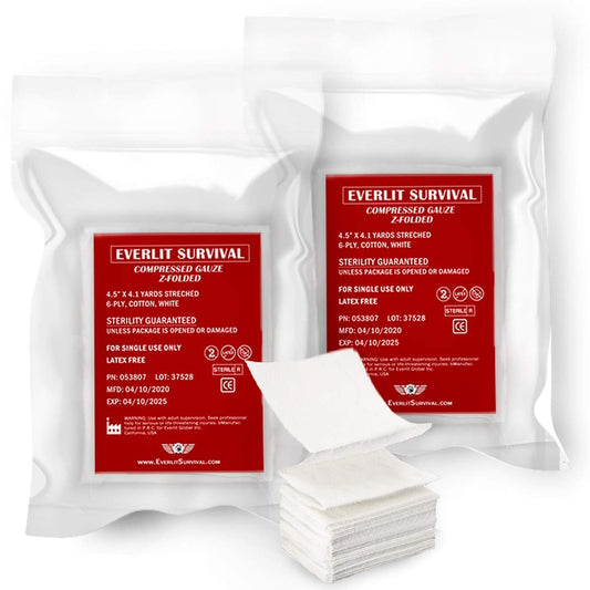 Everlit [2er-Pack] Z-gefaltete komprimierte sterile Mullbinde 4,5" x 4,1 Yards, 6-lagige weiße Baumwolle, essentielles Erste-Hilfe- und Stop-the-Bleed-Kit für den Einsatz zu Hause, medizinisch und taktisch (2)