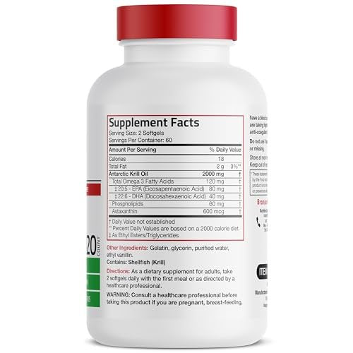 Bronson Antarktisches Krillöl 2000mg mit Omega-3 EPA, DHA, Astaxanthin und Phospholipiden – 120 Softgels