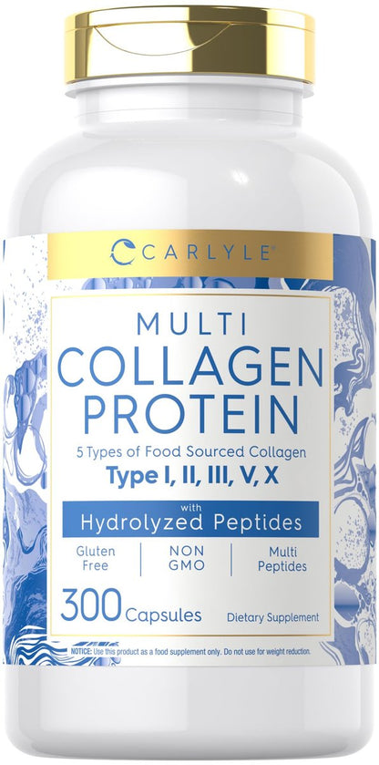 Carlyle Multi-Kollagen-Protein Kapseln 2000mg | 300 Stück | Typ I, II, III, V, X | Kollagen-Peptid-Tabletten | Keto & Paleo freundlich, glutenfrei, nicht-GMO