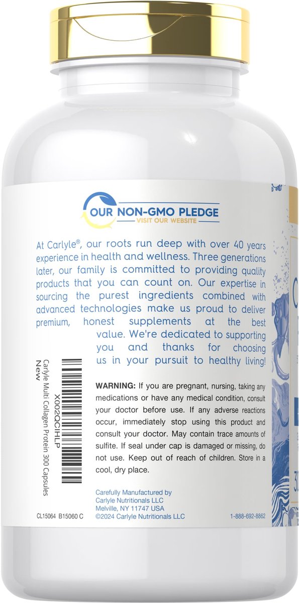 Carlyle Multi-Kollagen-Protein Kapseln 2000mg | 300 Stück | Typ I, II, III, V, X | Kollagen-Peptid-Tabletten | Keto & Paleo freundlich, glutenfrei, nicht-GMO