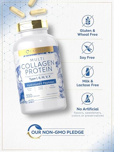 Carlyle Multi-Kollagen-Protein Kapseln 2000mg | 300 Stück | Typ I, II, III, V, X | Kollagen-Peptid-Tabletten | Keto & Paleo freundlich, glutenfrei, nicht-GMO