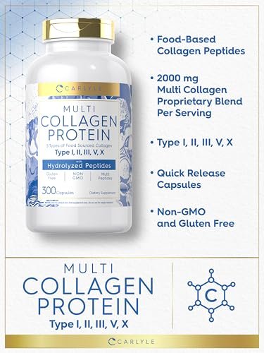Carlyle Multi-Kollagen-Protein Kapseln 2000mg | 300 Stück | Typ I, II, III, V, X | Kollagen-Peptid-Tabletten | Keto & Paleo freundlich, glutenfrei, nicht-GMO