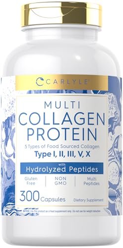 Carlyle Multi-Kollagen-Protein Kapseln 2000mg | 300 Stück | Typ I, II, III, V, X | Kollagen-Peptid-Tabletten | Keto & Paleo freundlich, glutenfrei, nicht-GMO