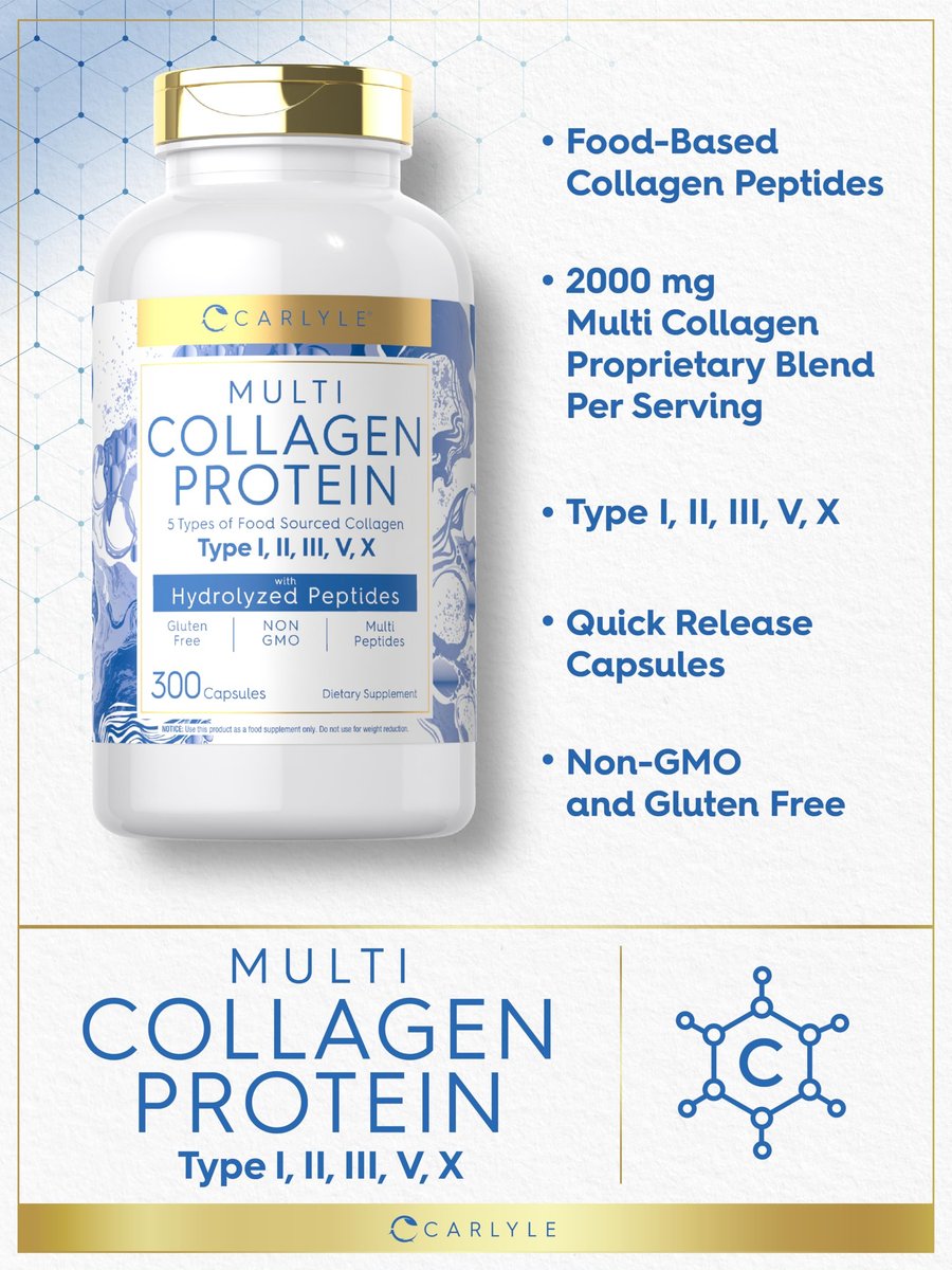 Carlyle Multi-Kollagen-Protein Kapseln 2000mg | 300 Stück | Typ I, II, III, V, X | Kollagen-Peptid-Tabletten | Keto & Paleo freundlich, glutenfrei, nicht-GMO