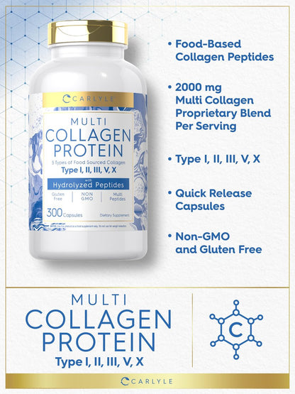 Carlyle Multi-Kollagen-Protein Kapseln 2000mg | 300 Stück | Typ I, II, III, V, X | Kollagen-Peptid-Tabletten | Keto & Paleo freundlich, glutenfrei, nicht-GMO