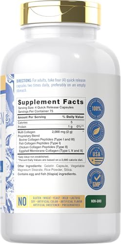 Carlyle Multi-Kollagen-Protein Kapseln 2000mg | 300 Stück | Typ I, II, III, V, X | Kollagen-Peptid-Tabletten | Keto & Paleo freundlich, glutenfrei, nicht-GMO