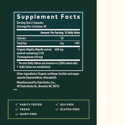 Gaia Herbs Schwarzkümmelöl Kapseln – Kaltgepresstes Nigella-Samenöl zur Unterstützung von Lunge, Atemwegen und Antioxidantien – 60 vegane Liquid-Phyto-Kapseln (30 Portionen)