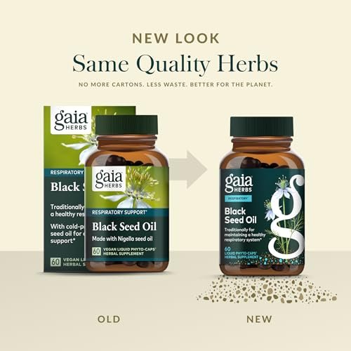 Gaia Herbs Schwarzkümmelöl Kapseln – Kaltgepresstes Nigella-Samenöl zur Unterstützung von Lunge, Atemwegen und Antioxidantien – 60 vegane Liquid-Phyto-Kapseln (30 Portionen)