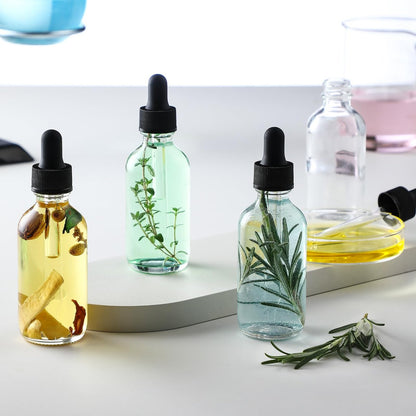 12er-Pack 60 ml Glasflaschen mit Tropfeinsatz, 3 Edelstahltrichter, 1 Pipette & 24 Etiketten – Klare Tropfflaschen für ätherische Öle, Flüssigkeiten – Auslaufsichere Reiseflaschen