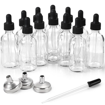 12er-Pack 60 ml Glasflaschen mit Tropfeinsatz, 3 Edelstahltrichter, 1 Pipette & 24 Etiketten – Klare Tropfflaschen für ätherische Öle, Flüssigkeiten – Auslaufsichere Reiseflaschen
