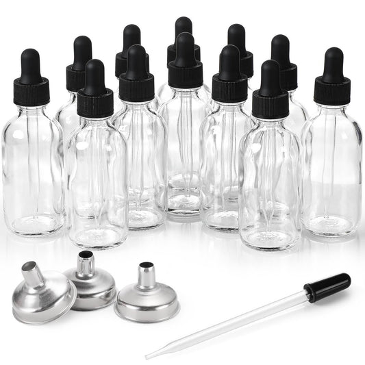 12er-Pack 60 ml Glasflaschen mit Tropfeinsatz, 3 Edelstahltrichter, 1 Pipette & 24 Etiketten – Klare Tropfflaschen für ätherische Öle, Flüssigkeiten – Auslaufsichere Reiseflaschen