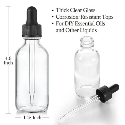 12er-Pack 60 ml Glasflaschen mit Tropfeinsatz, 3 Edelstahltrichter, 1 Pipette & 24 Etiketten – Klare Tropfflaschen für ätherische Öle, Flüssigkeiten – Auslaufsichere Reiseflaschen