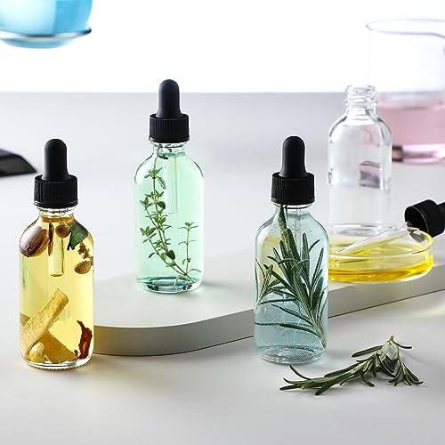 12er-Pack 60 ml Glasflaschen mit Tropfeinsatz, 3 Edelstahltrichter, 1 Pipette & 24 Etiketten – Klare Tropfflaschen für ätherische Öle, Flüssigkeiten – Auslaufsichere Reiseflaschen