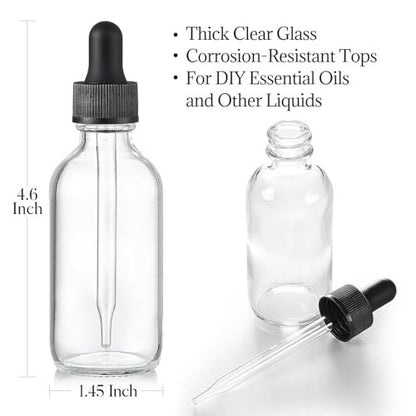 12er-Pack 60 ml Glasflaschen mit Tropfeinsatz, 3 Edelstahltrichter, 1 Pipette & 24 Etiketten – Klare Tropfflaschen für ätherische Öle, Flüssigkeiten – Auslaufsichere Reiseflaschen
