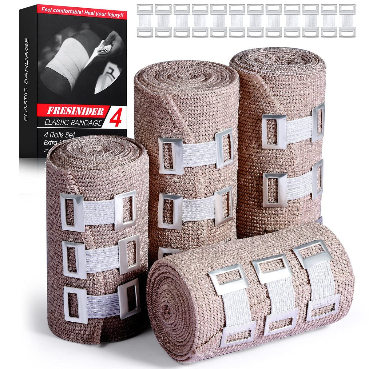 FRESINIDER Elastische Binden 4er-Pack (2×3 + 2×4 breite Rollen) + 24 Clips | Stretch-Kompressionsbinde dehnbar bis 4,5 m | Ideal für medizinische Zwecke, Sport, Verstauchungen, Wade, Knöchel & Fuß