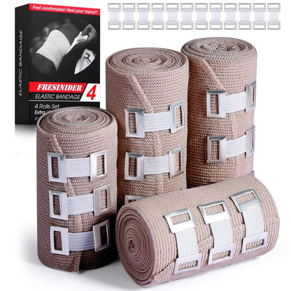 FRESINIDER Elastische Binden 4er-Pack (2×3 + 2×4 breite Rollen) + 24 Clips | Stretch-Kompressionsbinde dehnbar bis 4,5 m | Ideal für medizinische Zwecke, Sport, Verstauchungen, Wade, Knöchel & Fuß