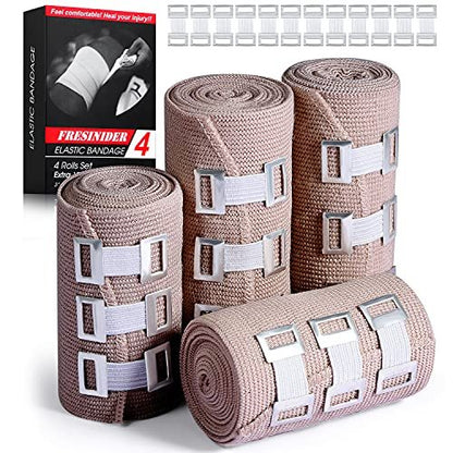 FRESINIDER Elastische Binden 4er-Pack (2×3 + 2×4 breite Rollen) + 24 Clips | Stretch-Kompressionsbinde dehnbar bis 4,5 m | Ideal für medizinische Zwecke, Sport, Verstauchungen, Wade, Knöchel & Fuß
