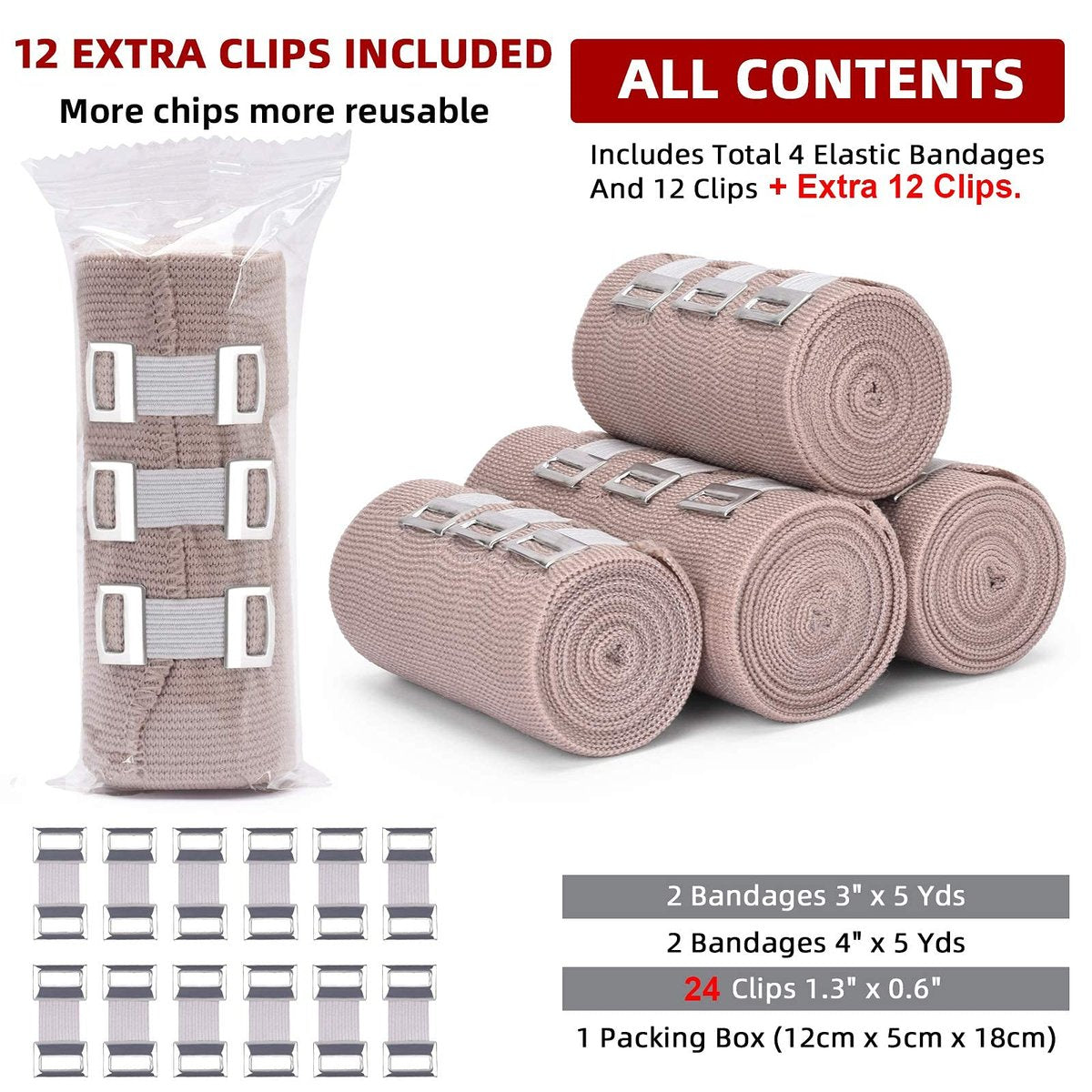 FRESINIDER Elastische Binden 4er-Pack (2×3 + 2×4 breite Rollen) + 24 Clips | Stretch-Kompressionsbinde dehnbar bis 4,5 m | Ideal für medizinische Zwecke, Sport, Verstauchungen, Wade, Knöchel & Fuß