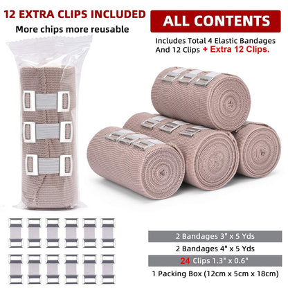 FRESINIDER Elastische Binden 4er-Pack (2×3 + 2×4 breite Rollen) + 24 Clips | Stretch-Kompressionsbinde dehnbar bis 4,5 m | Ideal für medizinische Zwecke, Sport, Verstauchungen, Wade, Knöchel & Fuß