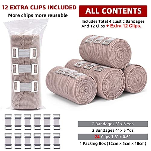 FRESINIDER Elastische Binden 4er-Pack (2×3 + 2×4 breite Rollen) + 24 Clips | Stretch-Kompressionsbinde dehnbar bis 4,5 m | Ideal für medizinische Zwecke, Sport, Verstauchungen, Wade, Knöchel & Fuß