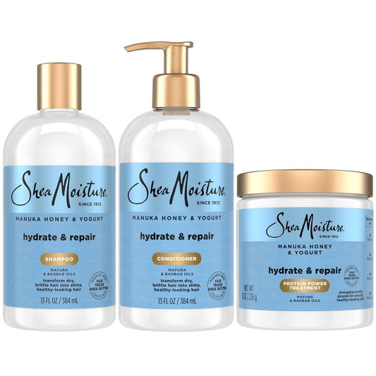 SheaMoisture Shampoo & Conditioner Manuka Honig & Joghurt Hydrate & Repair + Protein Power Treatment, Haarmaske, Tiefenpflege für trockenes, geschädigtes Haar