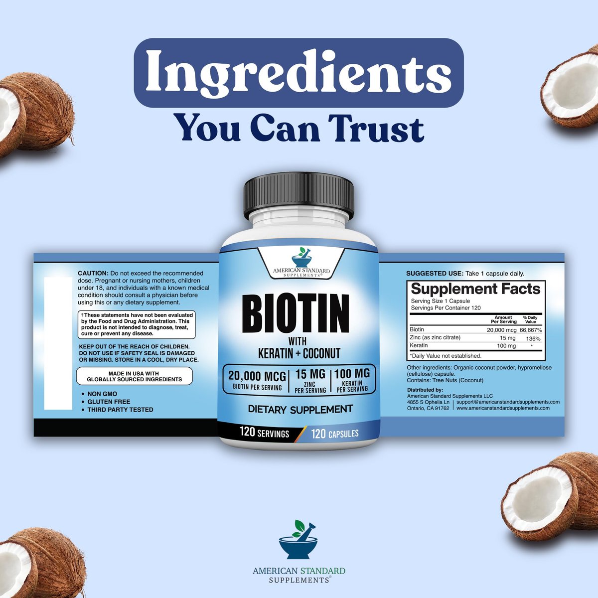 American Standard Supplements Biotin 20.000 mcg mit Keratin, Kokosnusspulver und Zink – Biotin-Ergänzung für Frauen und Männer, 120 vegane Kapseln, 120-Tage-Versorgung