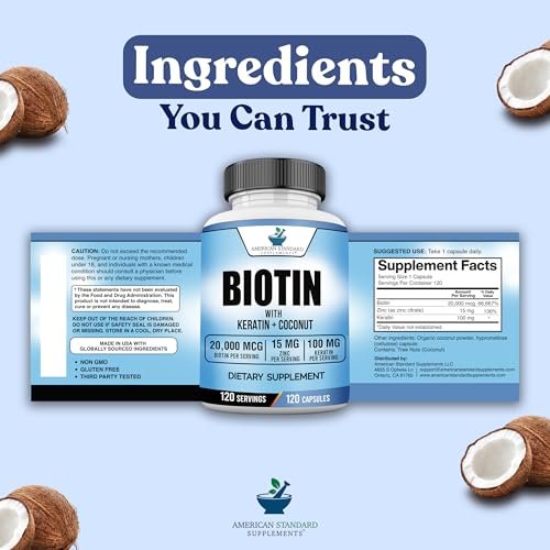 American Standard Supplements Biotin 20.000 mcg mit Keratin, Kokosnusspulver und Zink – Biotin-Ergänzung für Frauen und Männer, 120 vegane Kapseln, 120-Tage-Versorgung