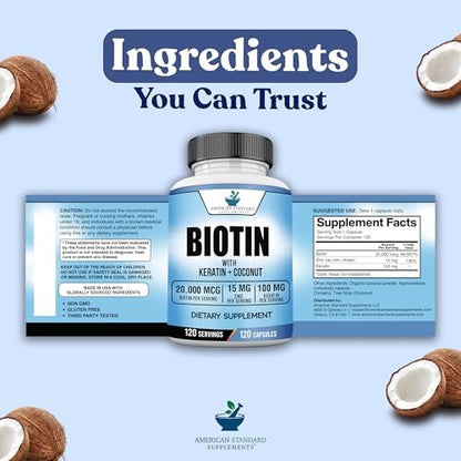 American Standard Supplements Biotin 20.000 mcg mit Keratin, Kokosnusspulver und Zink – Biotin-Ergänzung für Frauen und Männer, 120 vegane Kapseln, 120-Tage-Versorgung