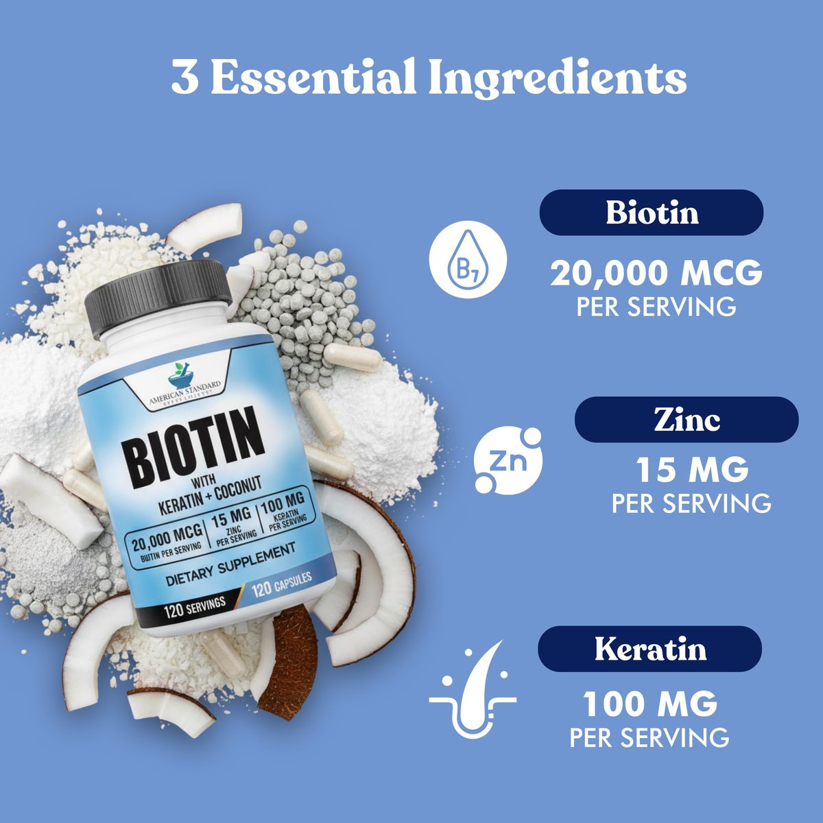 American Standard Supplements Biotin 20.000 mcg mit Keratin, Kokosnusspulver und Zink – Biotin-Ergänzung für Frauen und Männer, 120 vegane Kapseln, 120-Tage-Versorgung