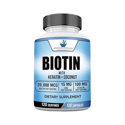 American Standard Supplements Biotin 20.000 mcg mit Keratin, Kokosnusspulver und Zink – Biotin-Ergänzung für Frauen und Männer, 120 vegane Kapseln, 120-Tage-Versorgung