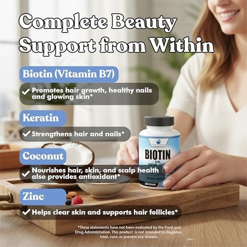 American Standard Supplements Biotin 20.000 mcg mit Keratin, Kokosnusspulver und Zink – Biotin-Ergänzung für Frauen und Männer, 120 vegane Kapseln, 120-Tage-Versorgung