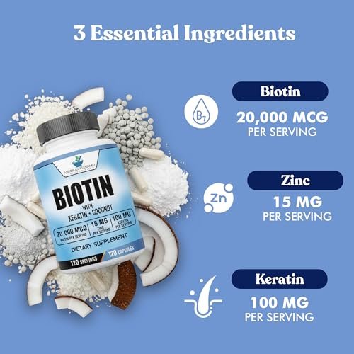 American Standard Supplements Biotin 20.000 mcg mit Keratin, Kokosnusspulver und Zink – Biotin-Ergänzung für Frauen und Männer, 120 vegane Kapseln, 120-Tage-Versorgung