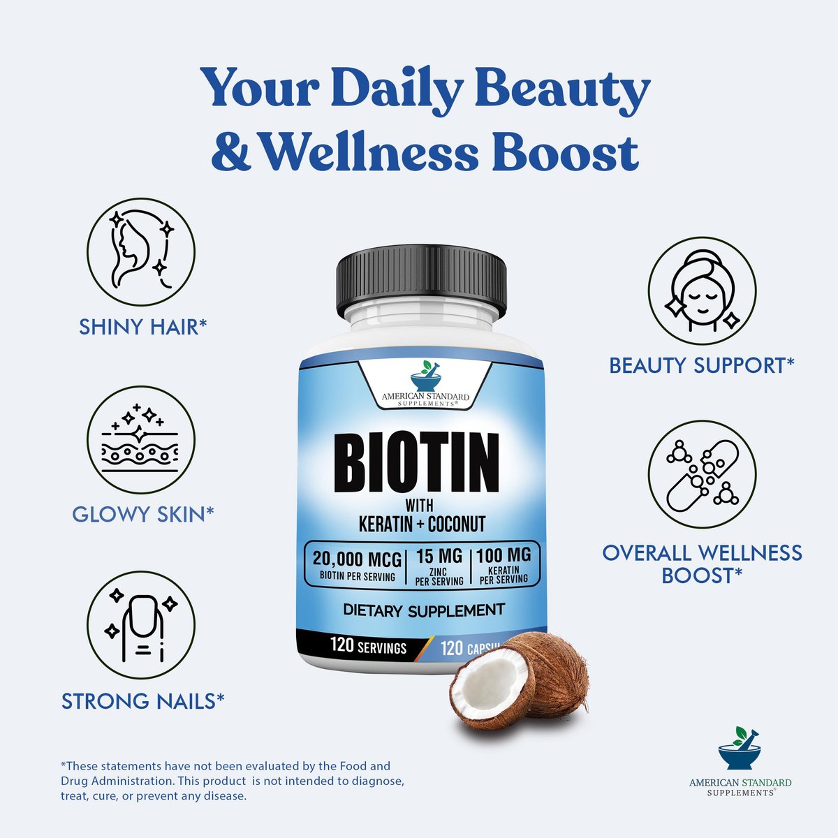 American Standard Supplements Biotin 20.000 mcg mit Keratin, Kokosnusspulver und Zink – Biotin-Ergänzung für Frauen und Männer, 120 vegane Kapseln, 120-Tage-Versorgung