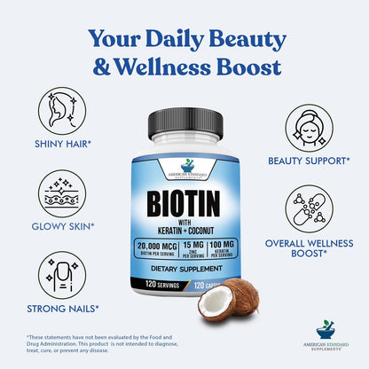 American Standard Supplements Biotin 20.000 mcg mit Keratin, Kokosnusspulver und Zink – Biotin-Ergänzung für Frauen und Männer, 120 vegane Kapseln, 120-Tage-Versorgung