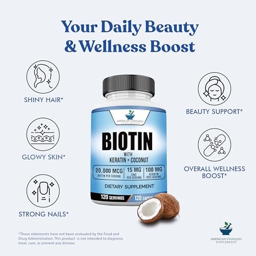 American Standard Supplements Biotin 20.000 mcg mit Keratin, Kokosnusspulver und Zink – Biotin-Ergänzung für Frauen und Männer, 120 vegane Kapseln, 120-Tage-Versorgung